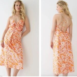 J Crew NWT Tie Front Cotton Poplin Midi Dress Orange Floral Women’s Sz XS Party